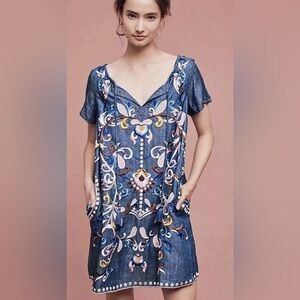 Chelsea & Theodore Denim Blue midi Dress with Embroidery